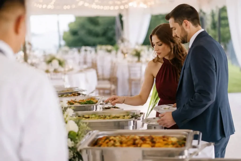Couple choosing dishes from a wedding catering