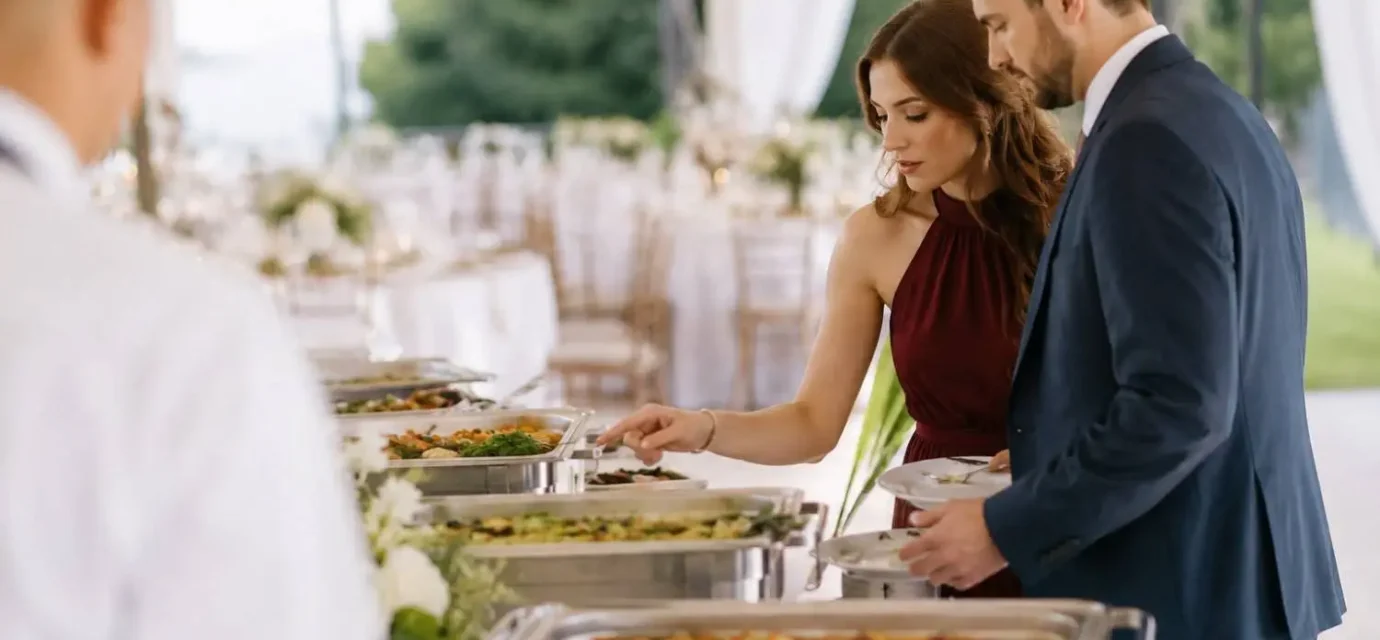 Couple choosing dishes from a wedding catering