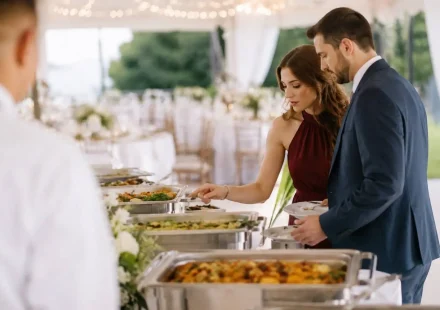 Couple choosing dishes from a wedding catering