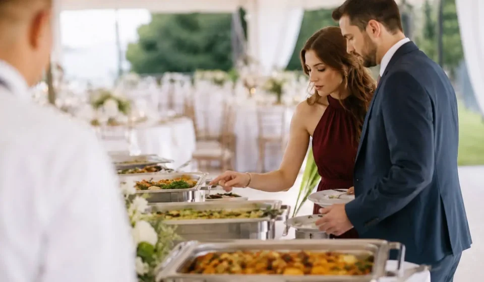 Couple choosing dishes from a wedding catering