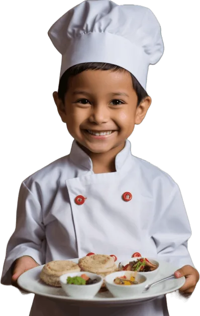 Young guest in a chef hat holding a plate of appetizers